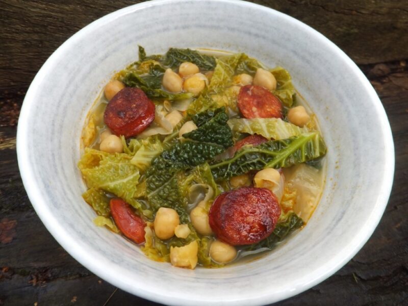 Cabbage and chickpea soup with chorizo