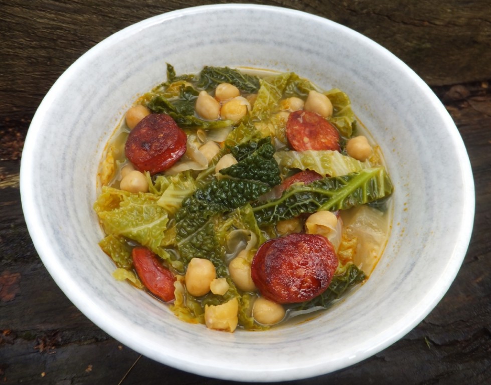 Cabbage and chickpea soup with chorizo