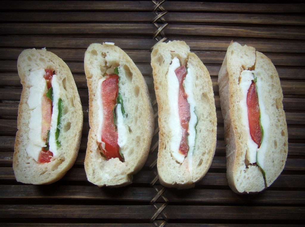 Ciabatta stuffed with mozzarella and tomatoes