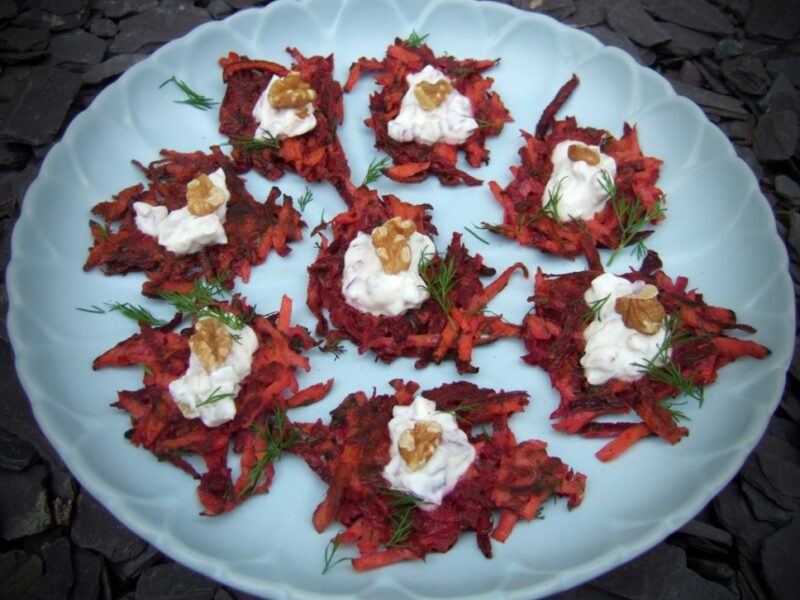 Beet & carrot fritters with walnut and yogurt sauce