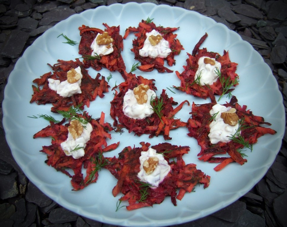 Beet & carrot fritters with walnut and yogurt sauce