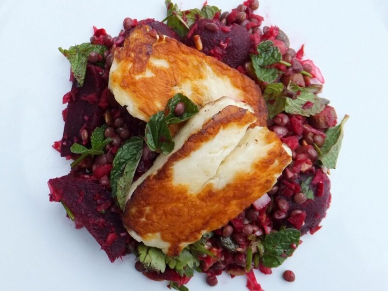 Roast beetroot, lentil and halloumi salad