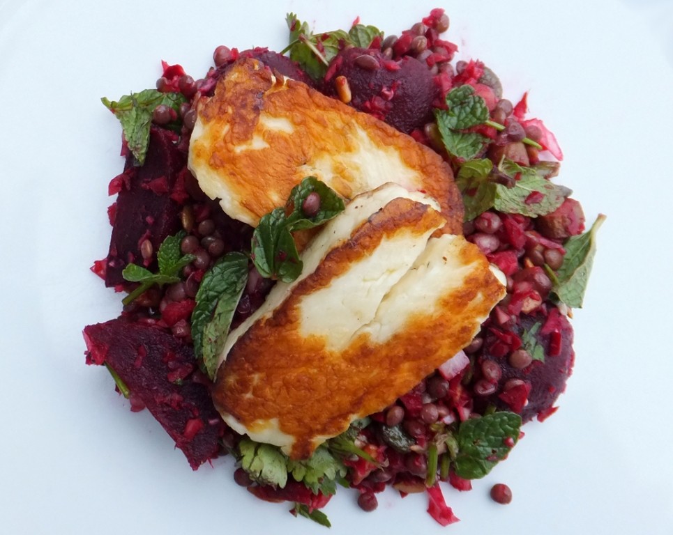 Roast beetroot, lentil and halloumi salad