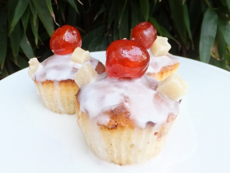 Glace cherry and marzipan cupcakes