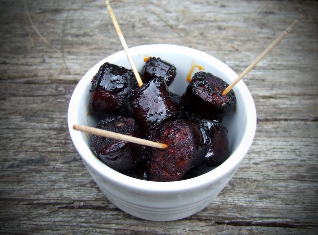 Chorizo bites poached in wine