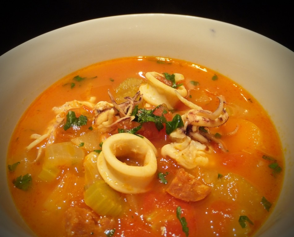 Chorizo and squid soup