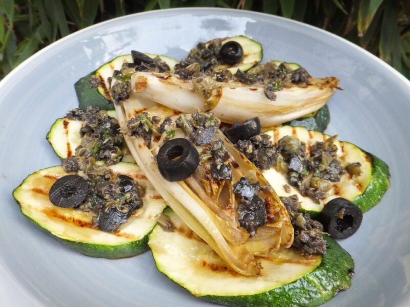 Courgette and chicory with tapenade