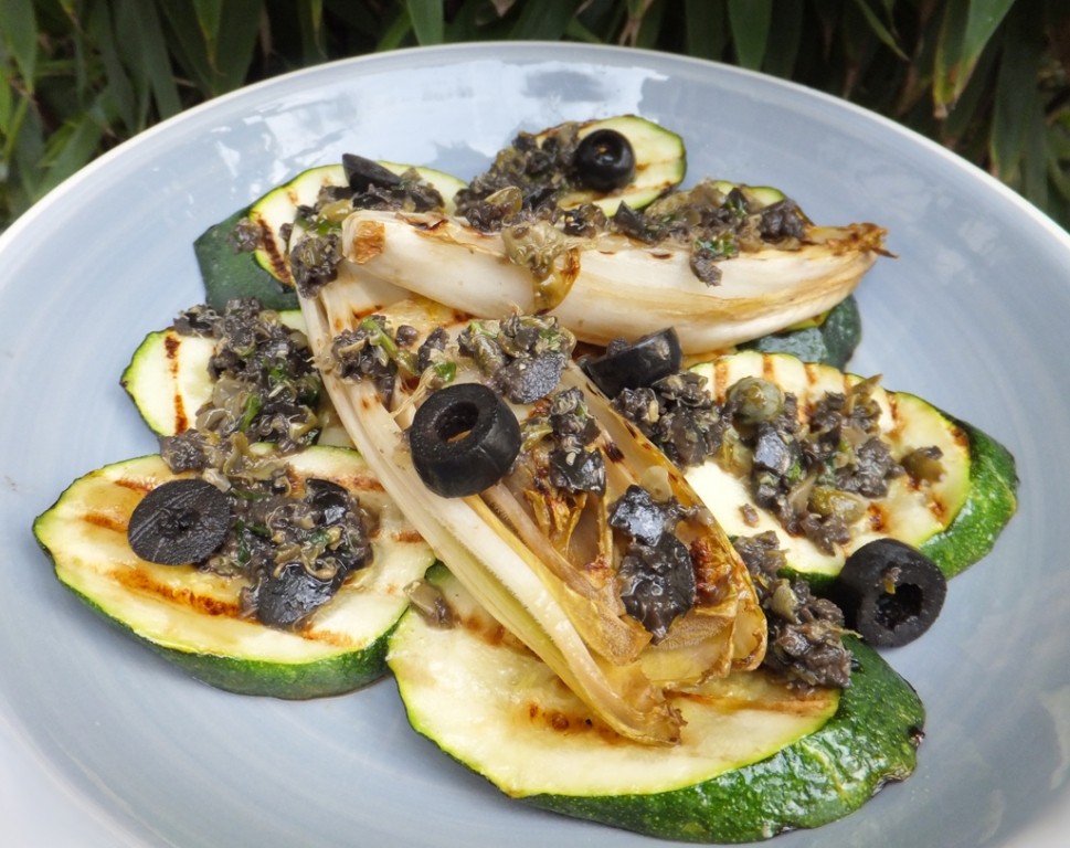 Courgette and chicory with tapenade