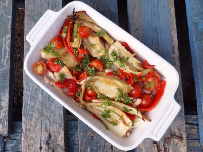 Warm fennel, pepper, tomatoes and bean salad