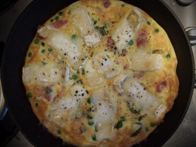 Goats cheese, peas and bacon frittata