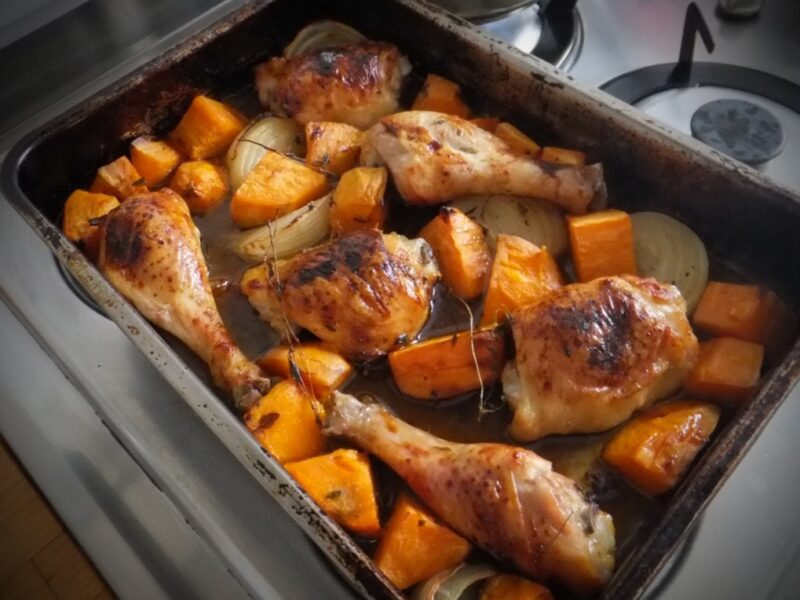 Maple-roasted chicken legs and sweet potatoes