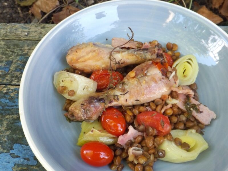 One-pot chicken, tomato and lentil