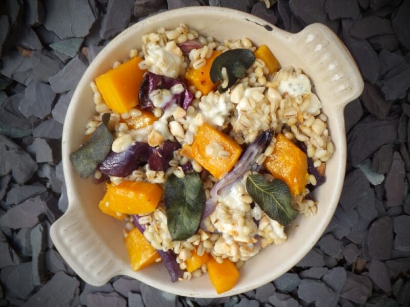 Roast butternut squash with pearl barley and blue cheese