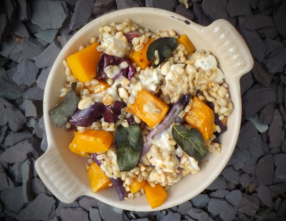 Roast butternut squash with pearl barley and blue cheese