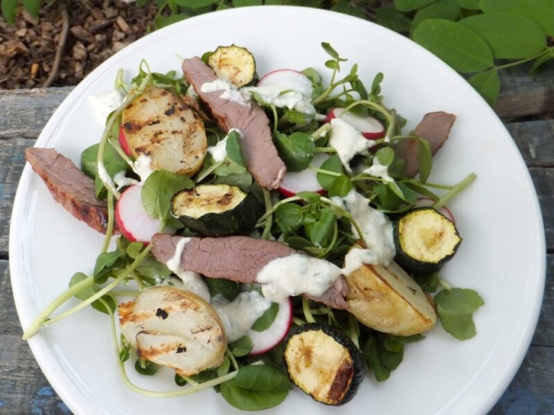 Barbecued steak, courgette and potato salad