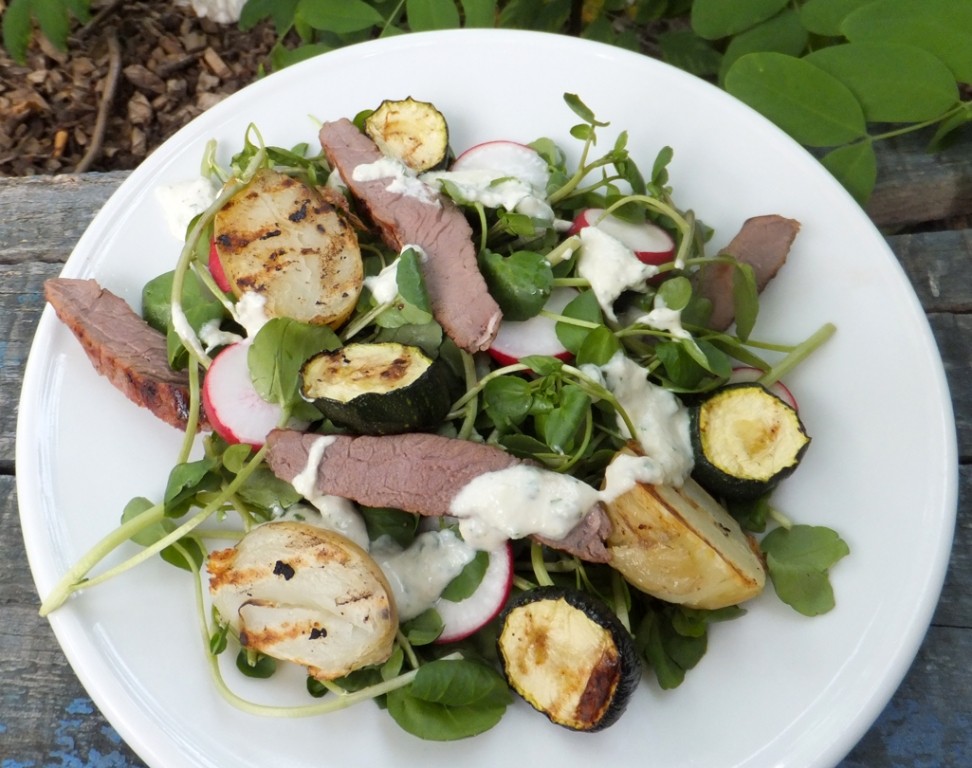 Barbecued steak, courgette and potato salad