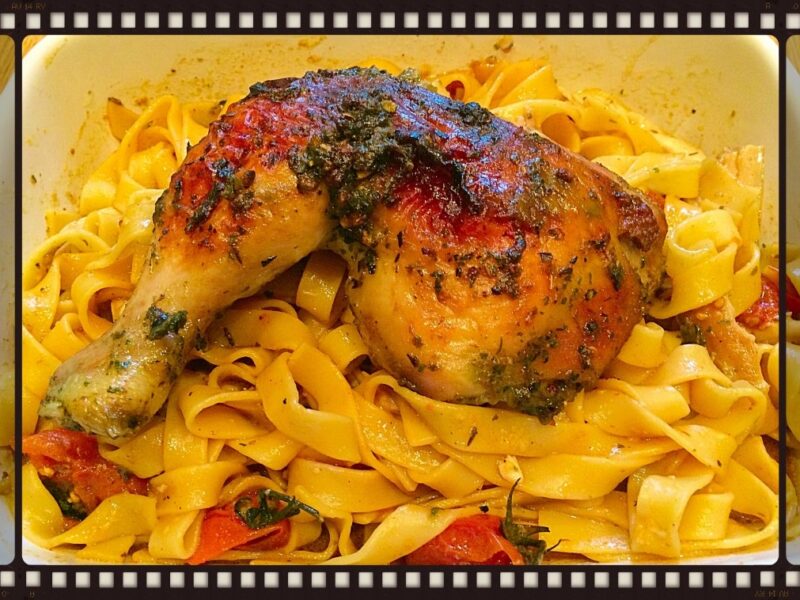 Pasta with roasted chicken legs