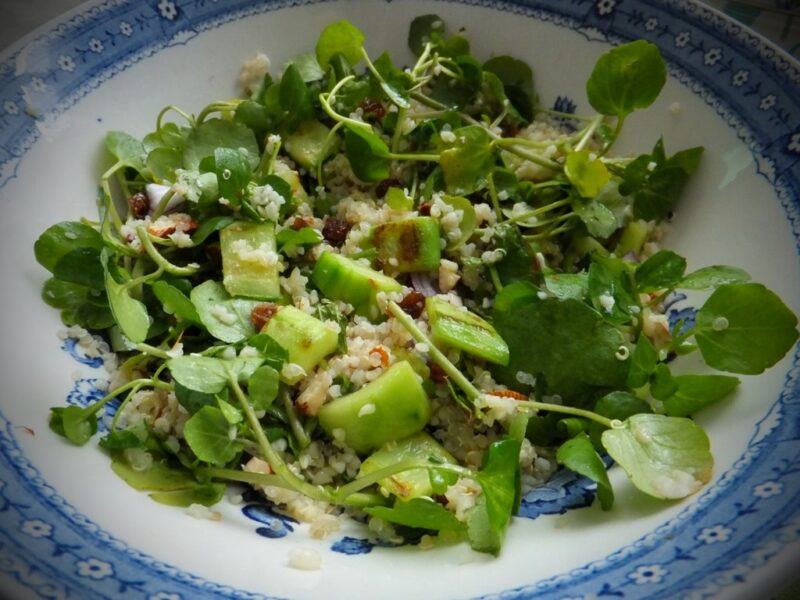 Fried cucumber, quinoa & bulgur wheat salad