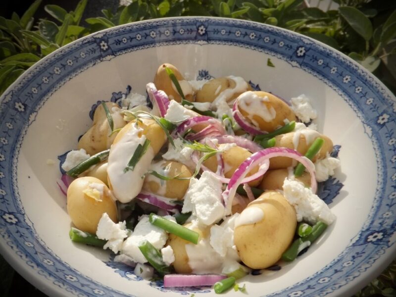 New potatoes with green beans and goats cheese