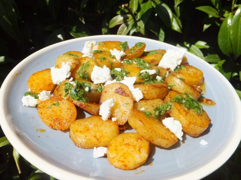 Sautéed potatoes with feta & coriander sauce