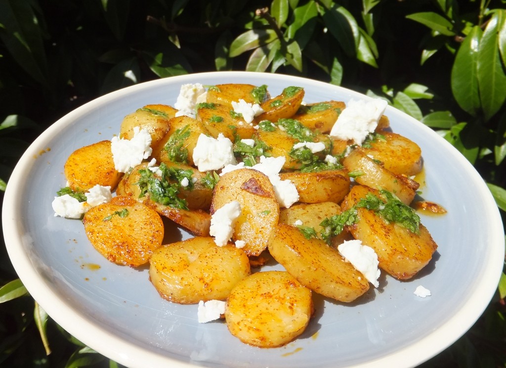 Sautéed potatoes with feta & coriander sauce