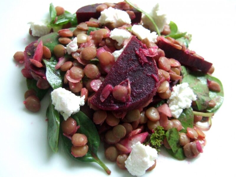 Beetroot, lentil and goats cheese salad