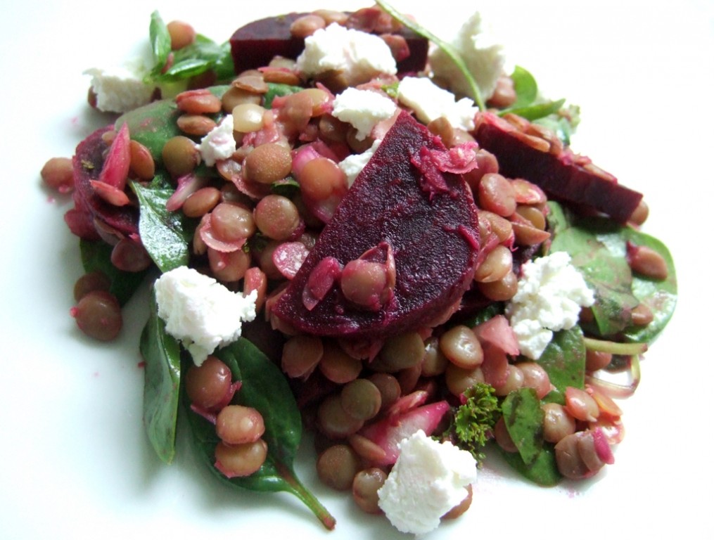 Beetroot, lentil and goats cheese salad