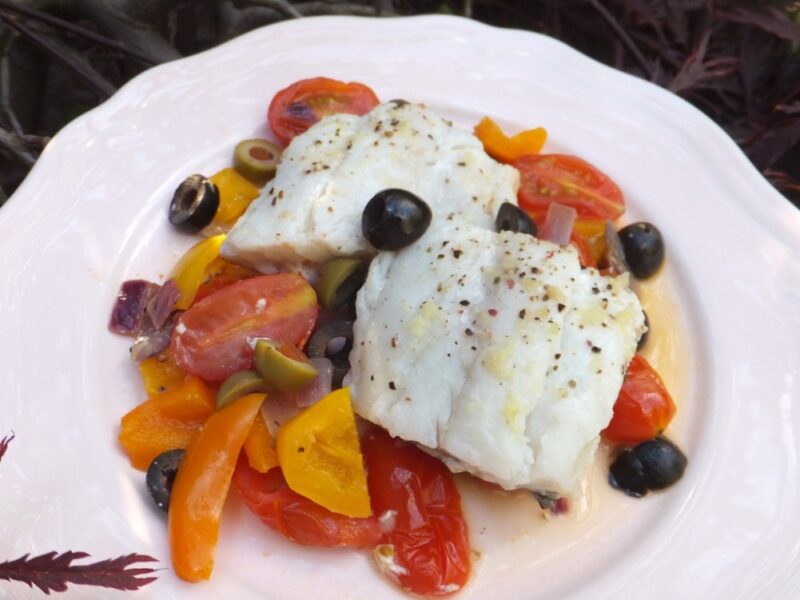 Braised cod with tomato and pepper salsa