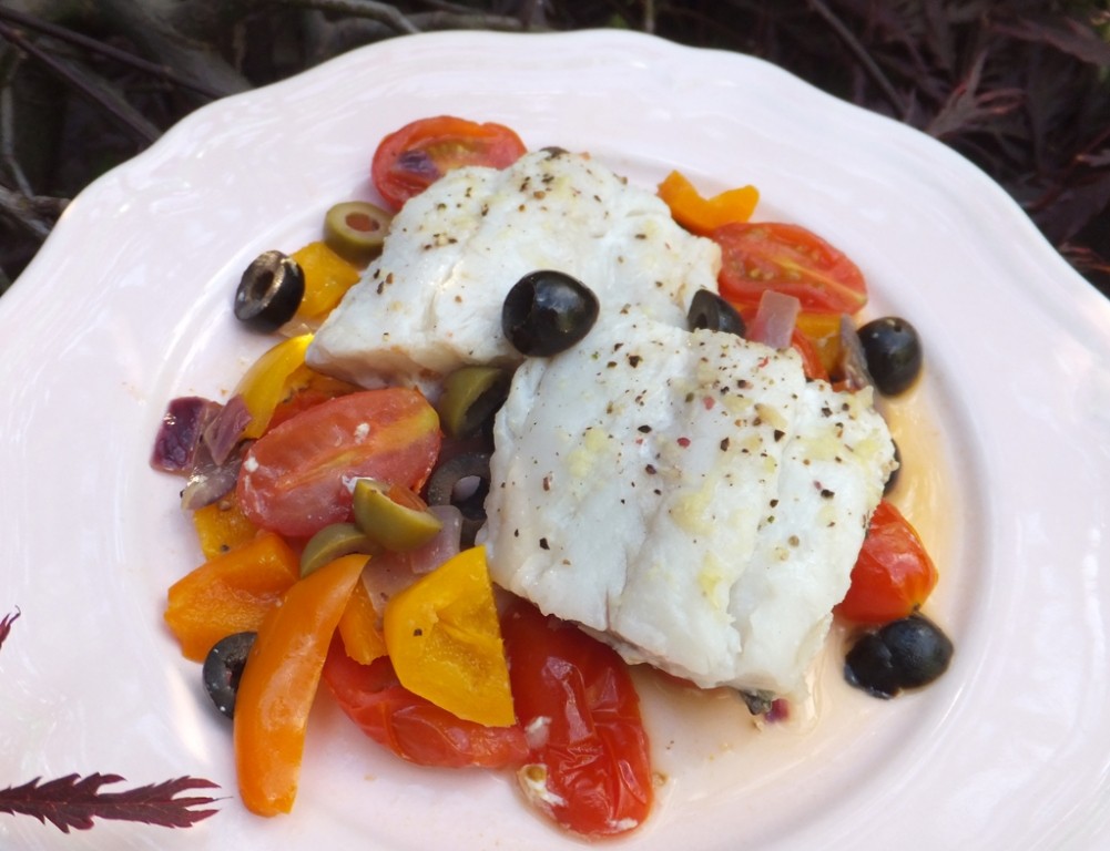 Braised cod with tomato and pepper salsa