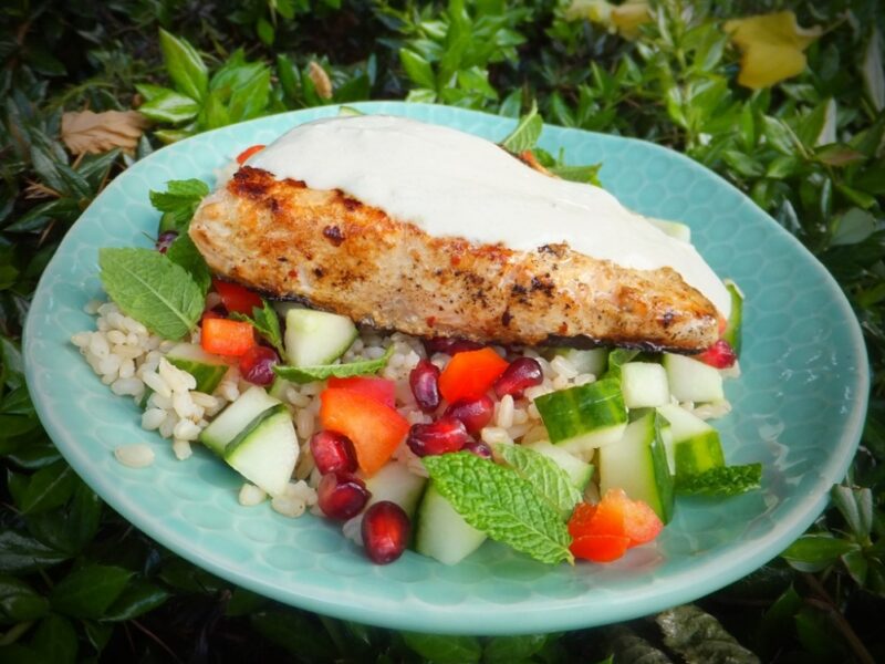 Grilled salmon with rice salad