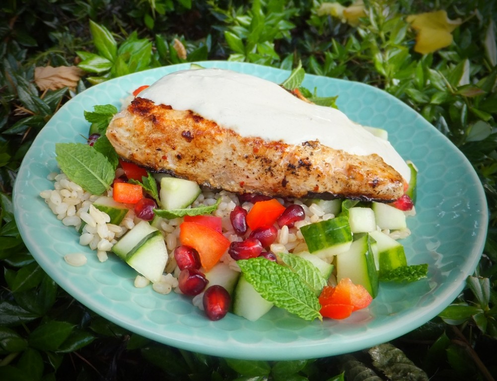 Grilled salmon with rice salad