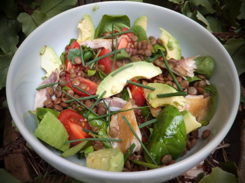 Mackerel, lentil and avocado salad