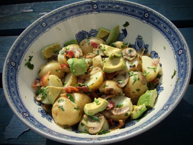 Potato and bacon salad with avocado