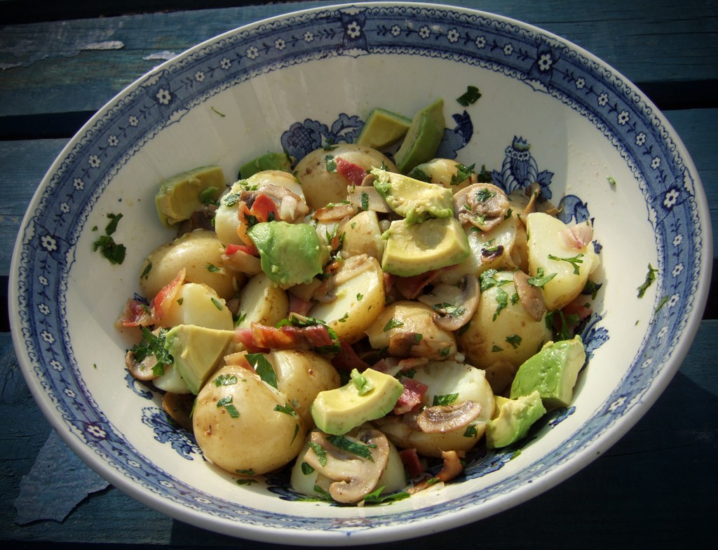 Potato and bacon salad with avocado