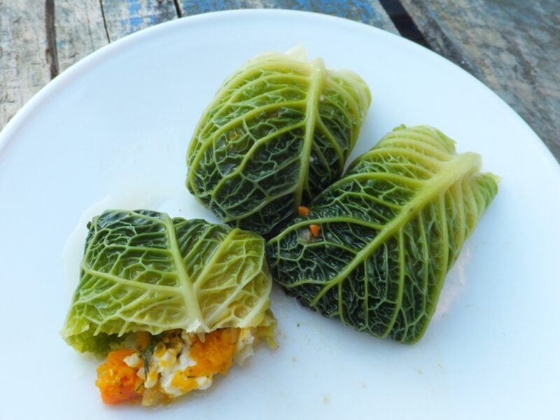 Stuffed cabbage rolls with feta and squash