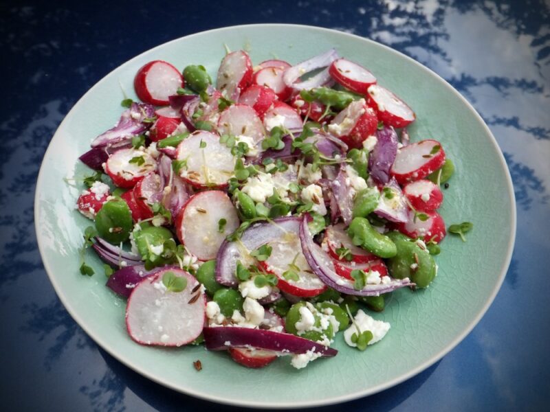 Broad bean, radish and feta salad