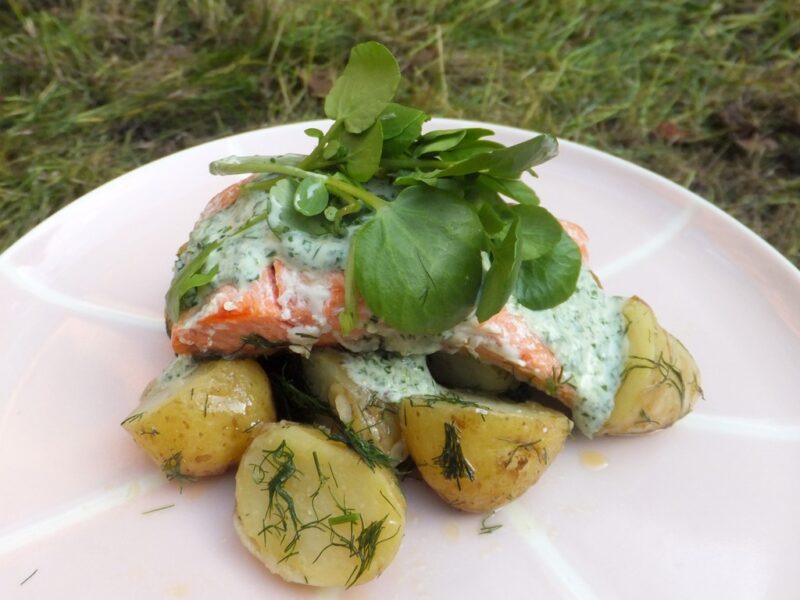 Grilled salmon with watercress