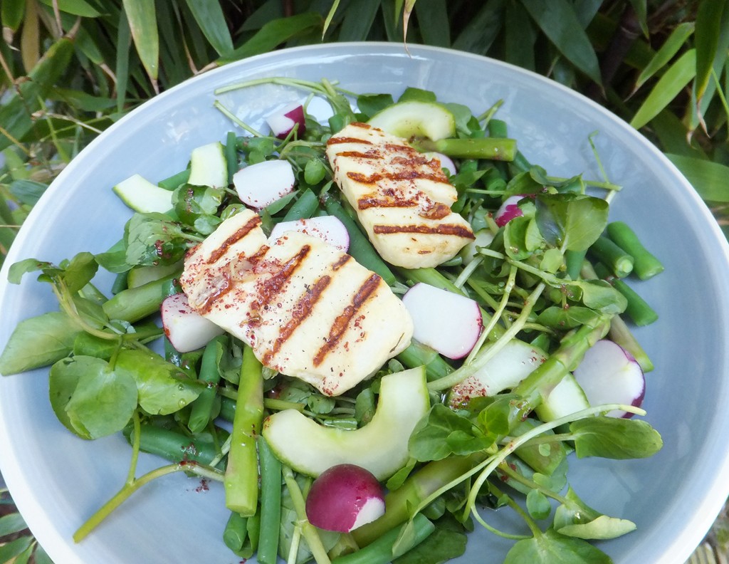 Halloumi with summer vegetables and spiced dressing