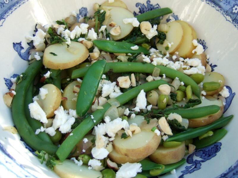 New potato salad with beans, peas and feta