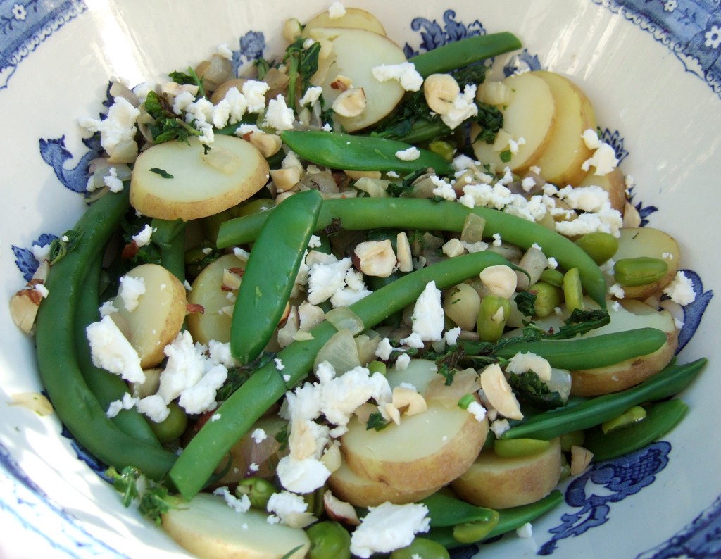 New potato salad with beans, peas and feta