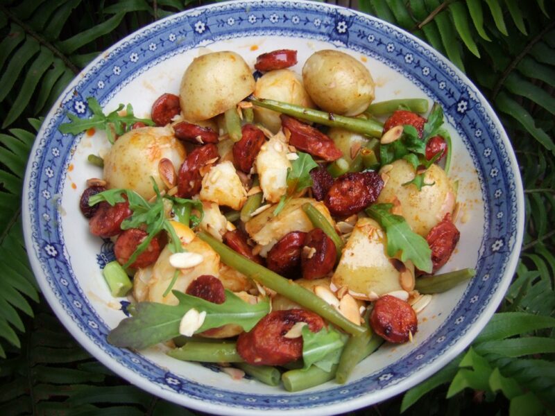 Potato salad with chorizo and green beans