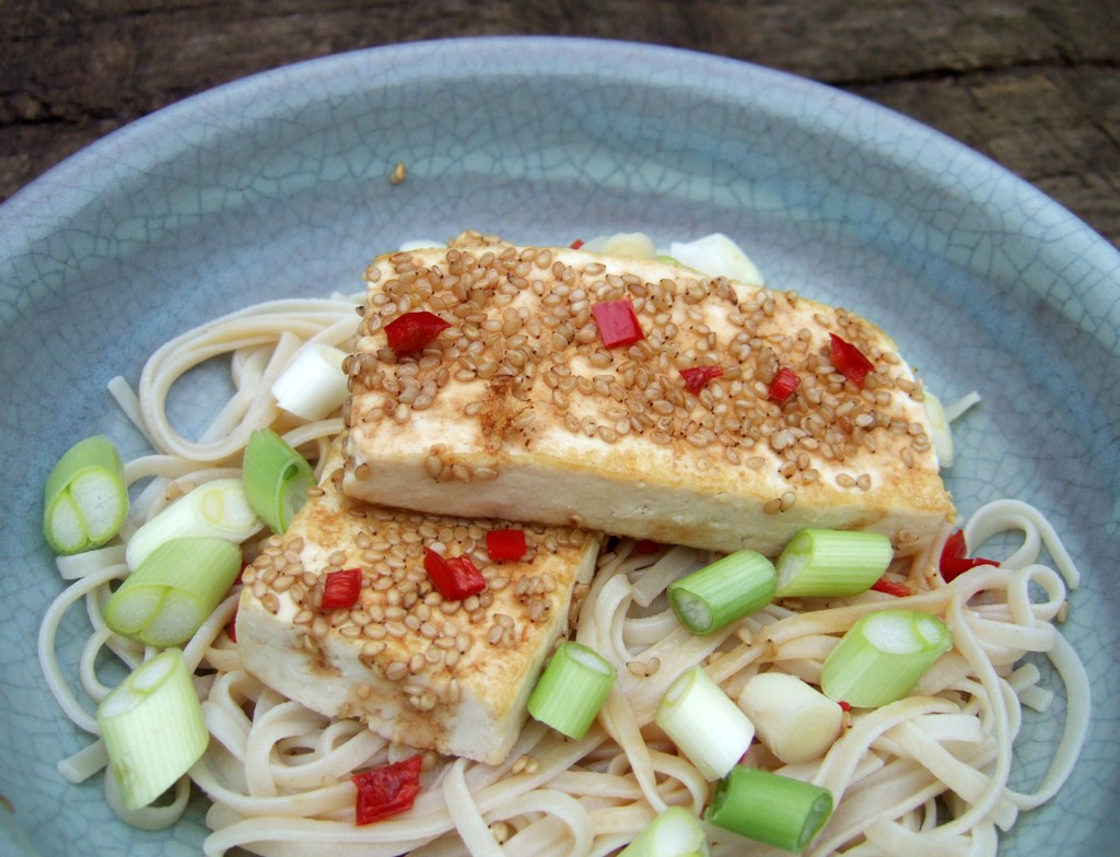 Sesame-crusted tofu with noodles