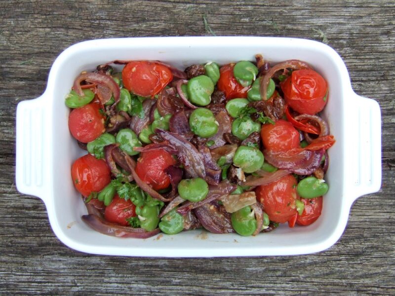 Roasted tomatoes with broad beans