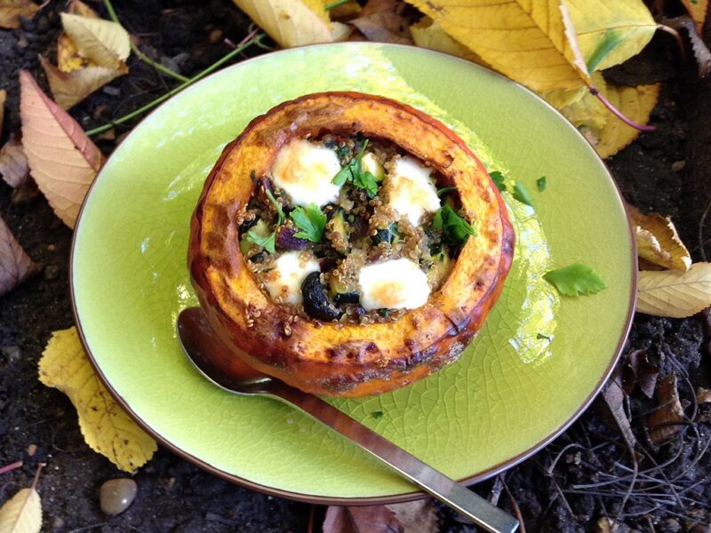 Baked squash with sautéed vegetables and quinoa