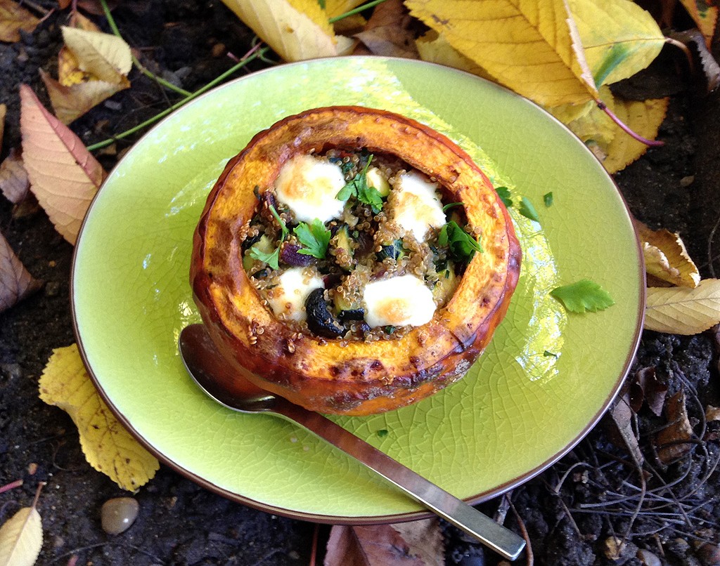 Baked squash with sautéed vegetables and quinoa