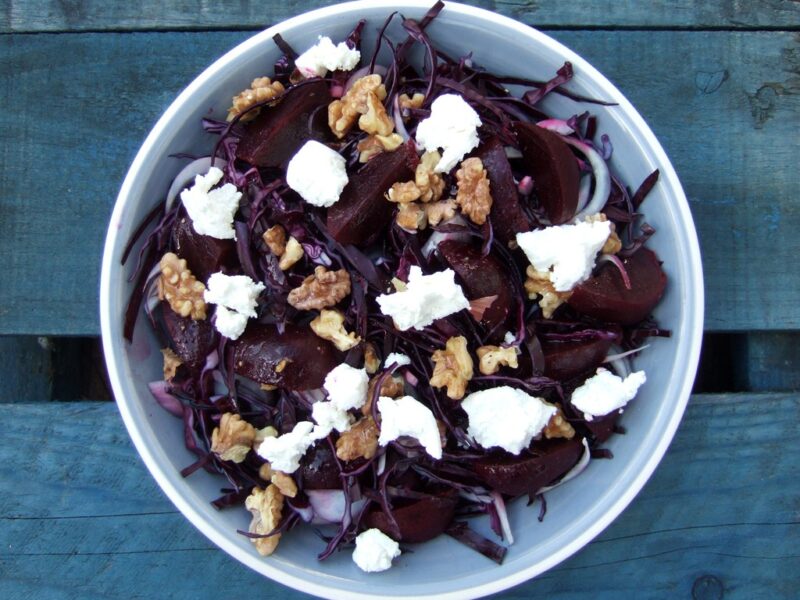 Red cabbage, beet and goats' cheese salad