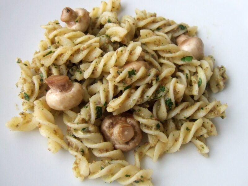 Mushroom pasta with chestnut pesto