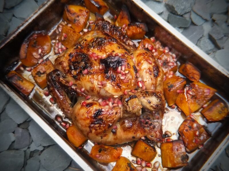 Roasted chicken & squash with pomegranate glaze