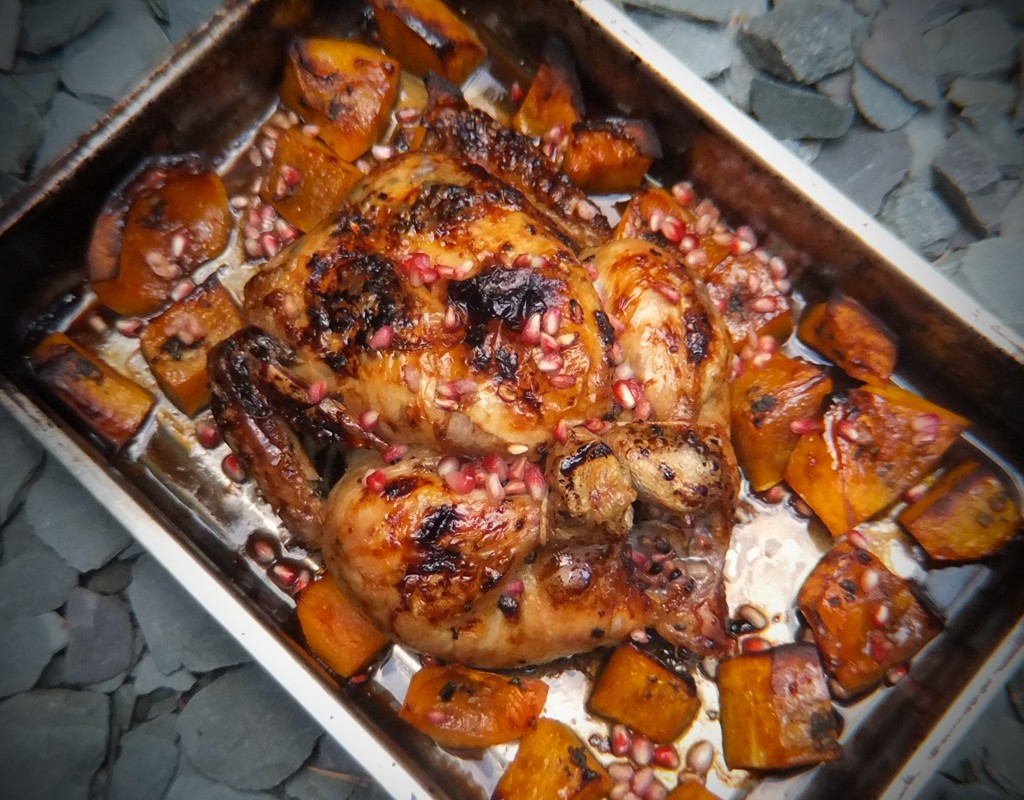 Roasted chicken & squash with pomegranate glaze