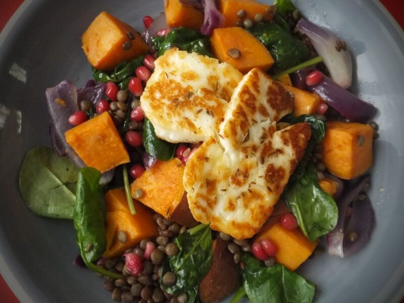 Roasted sweet potato, lentil and spiced halloumi salad